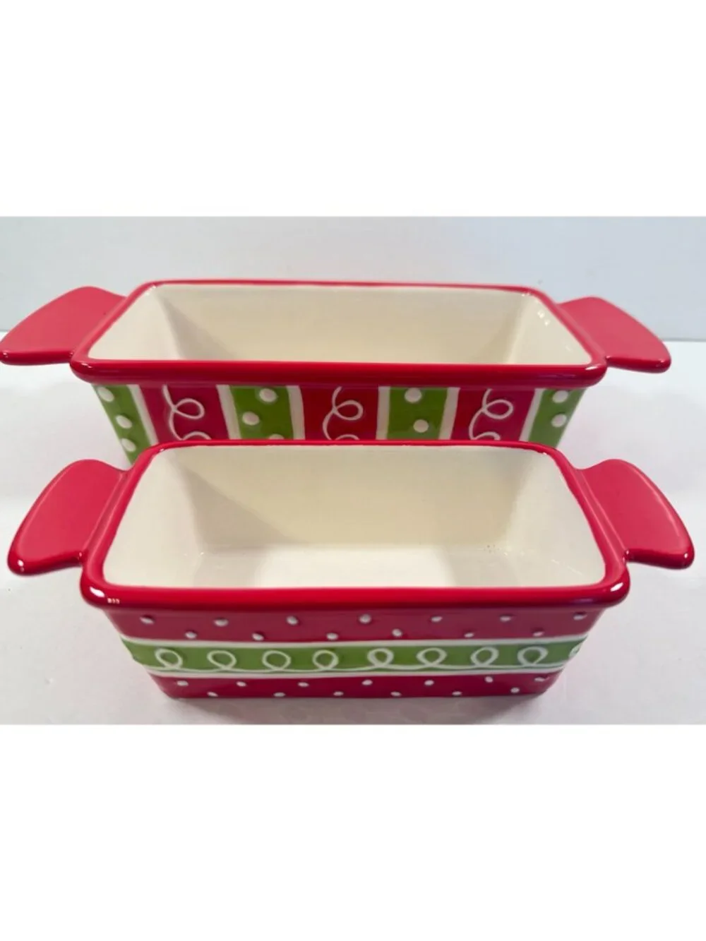 Baking Loaf Pans Stoneware Burton + Burton Christmas Red Green Polka Dots NEW